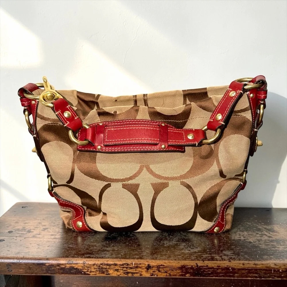 Vintage Coach Signature Canvas Red Leather and Brass Embellished Shoulder Bag - Picture 2 of 9